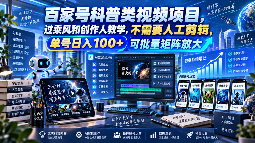 百家号科普类视频项目，过乘风和创作人教学，不需要人工剪辑，单号日入100+可批量矩阵放大 - 87副业网