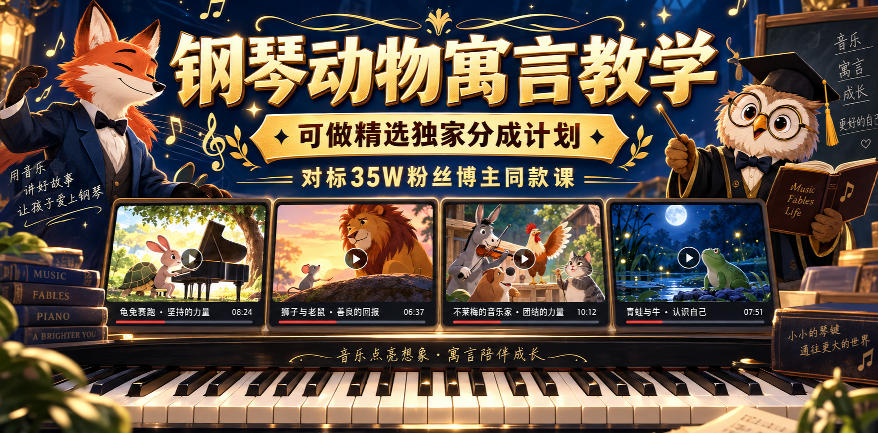 钢琴动物寓言教学，可做精选独家分成计划，对标35W粉丝博主同款课-87副业网 - 互联网副业项目资源分享平台