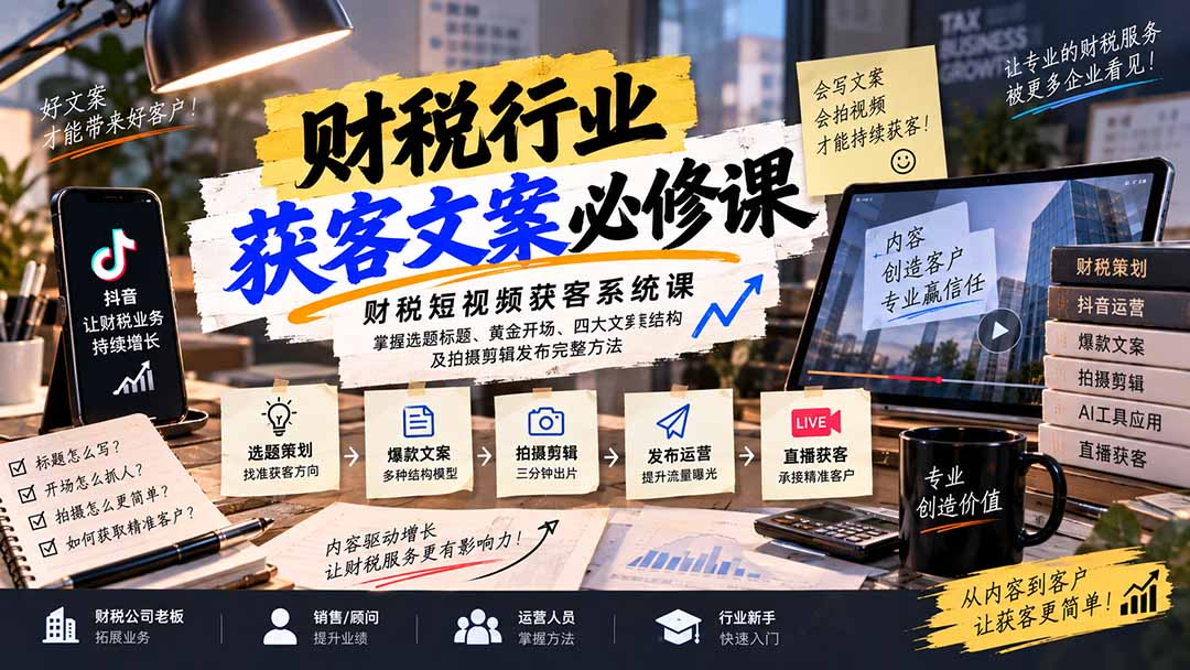 财税短视频获客系统课：掌握选题标题、黄金开场、四大文案结构及拍摄剪辑发布完整方法 - 87副业网