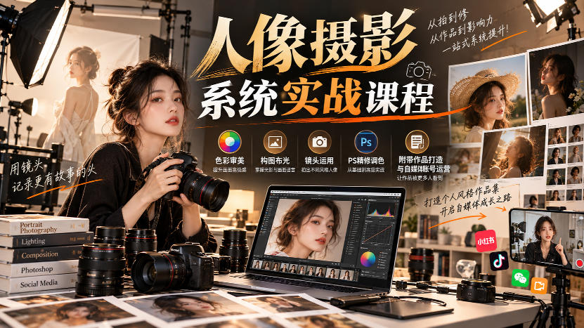 【无水印】人像摄影系统实战课程，色彩审美、构图布光、镜头运用、PS精修调色，附带作品打造与自媒体账号运营-87副业网 - 互联网副业项目资源分享平台
