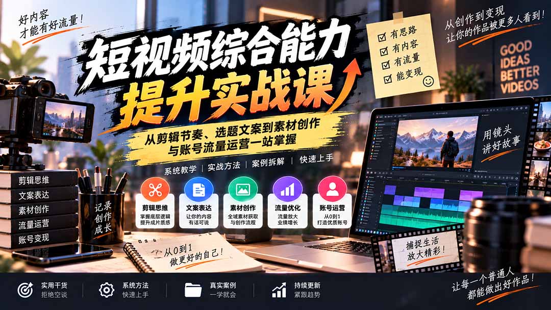 短视频综合能力提升实战课：从剪辑节奏、选题文案到素材创作与账号流量运营一站掌握 - 87副业网