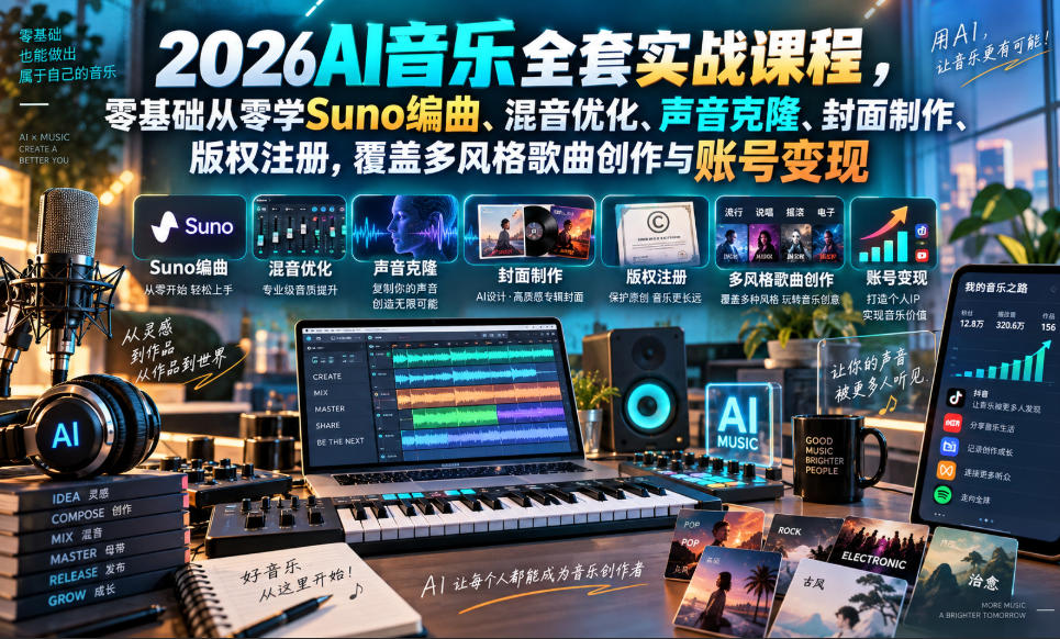 2026AI音乐实战课程,零基础从零学Suno编曲、混音优化、声音克隆、版权注册,覆盖多风格歌曲创作与账号变现(更新0924)