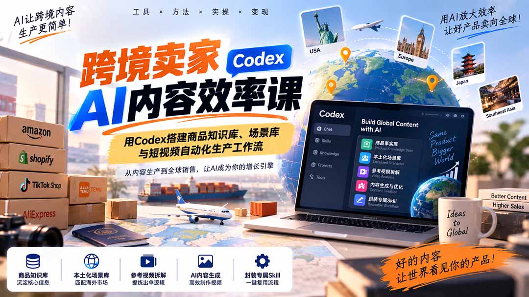 跨境卖家AI内容效率课：用Codex搭建商品知识库、场景库与短视频自动化生产工作流 - 87副业网