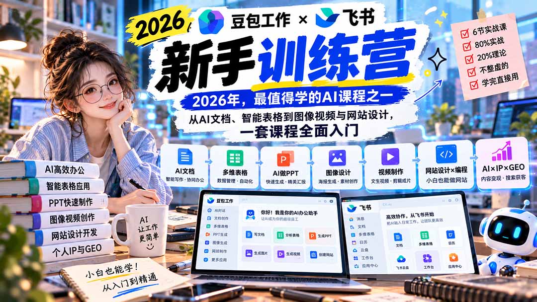 2026豆包工作+飞书新手训练营-9月新课:从AI文档、智能表格到图像视频与网站设计,一套课程全面入门-87副业网 - 互联网副业项目资源分享平台