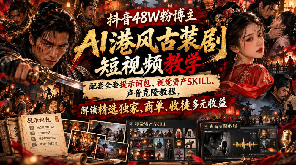 抖音48W粉博主AI港风古装剧短视频教学，配套全套提示词包、视觉资产SKILL、声音克隆教程，解锁精选独家、商单、收徒多元收益 - 87副业网