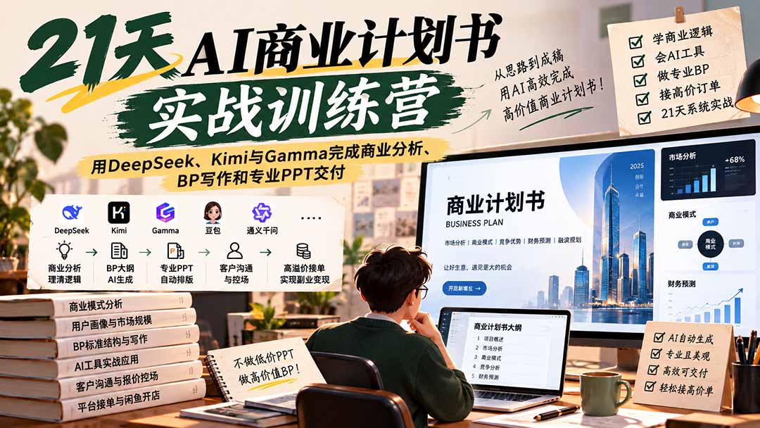 【无水印】21天AI商业计划书实战训练营：用DeepSeek、Kimi与Gamma完成商业分析、BP写作和专业PPT交付-87副业网 - 互联网副业项目资源分享平台