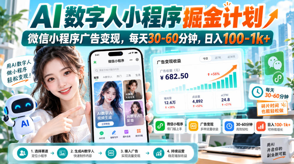 【无水印】AI数字人小程序掘金计划,微信小程序广告变现,每天30‑60分钟,日入100‑1k+-87副业网 - 互联网副业项目资源分享平台