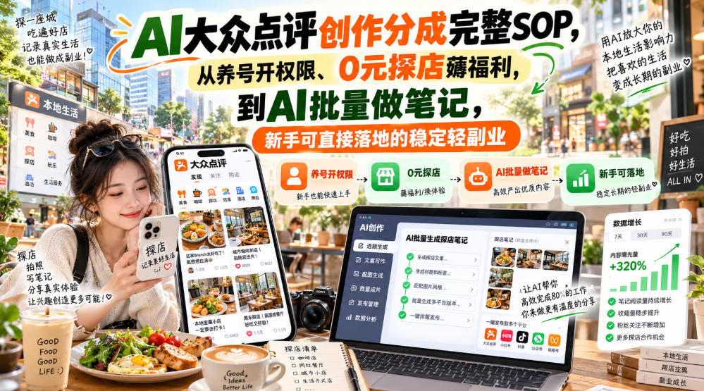 【无水印】AI大众点评创作分成完整SOP，从养号开权限、0元探店薅福利，到AI批量做笔记，新手可直接落地的稳定轻副业-87副业网 - 互联网副业项目资源分享平台