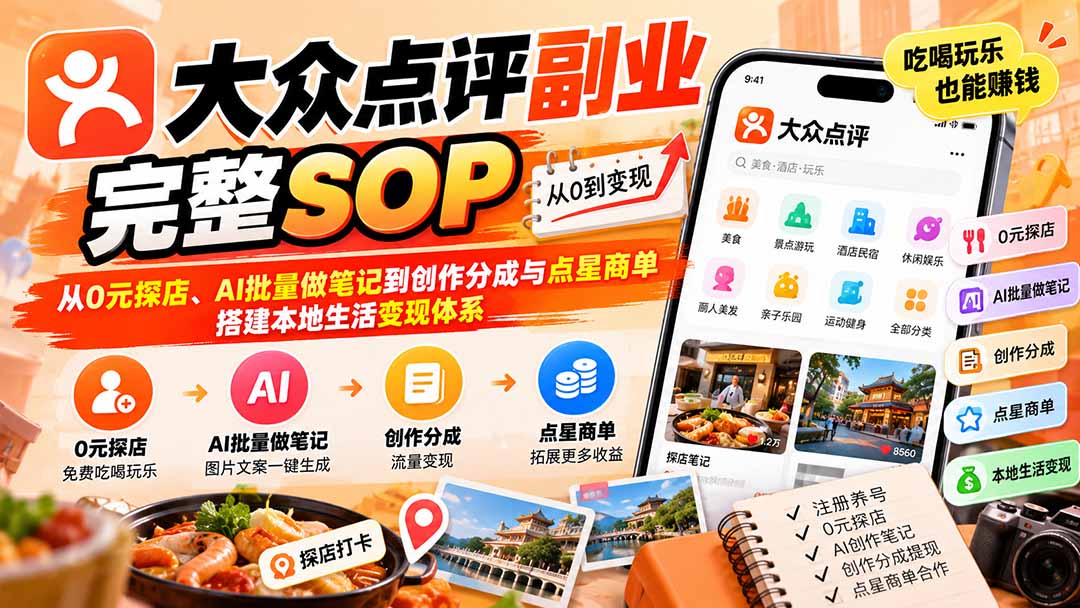 【无水印】大众点评副业完整SOP：从0元探店、AI批量做笔记到创作分成与点星商单，搭建本地生活变现体系-87副业网 - 互联网副业项目资源分享平台