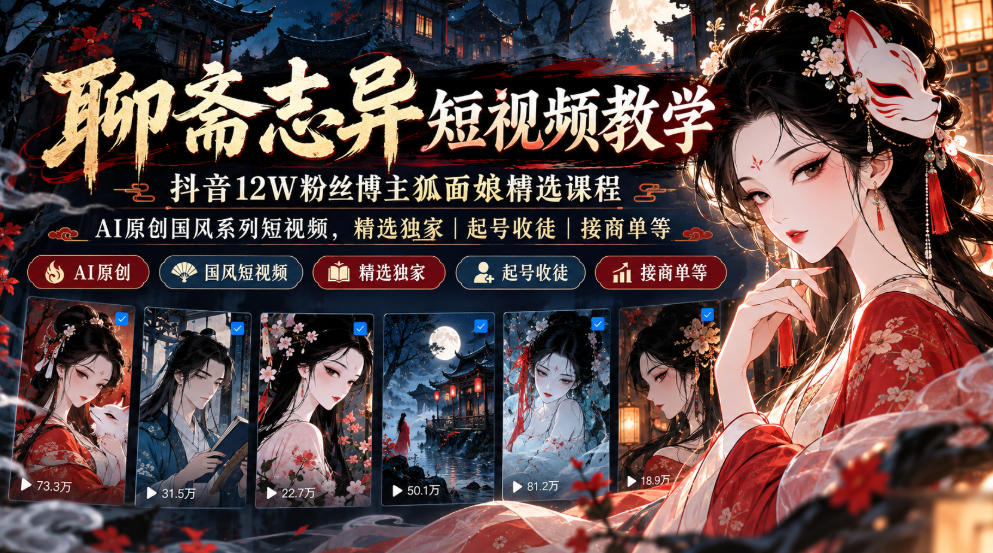 聊斋志异短视频教学，抖音12W粉丝博主狐面娘精选课程，AI原创国风系列短视频，精选独家丨起号收徒丨接商单等-87副业网 - 互联网副业项目资源分享平台