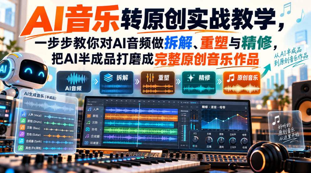 AI音乐转原创实战教学，一步步教你对AI音频做拆解、重塑与精修，把AI半成品打磨成完整原创音乐作品 - 87副业网