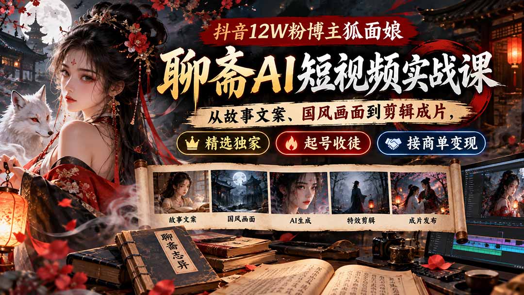 抖音12W粉博主狐面娘-聊斋AI短视频实战课:从故事文案、国风画面到剪辑成片,精选独家+起号收徒+接商单变现-87副业网 - 互联网副业项目资源分享平台