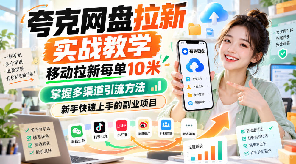 夸克网盘拉新实战教学，移动拉新每单10米，掌握多渠道引流方法，新手快速上手的副业项目-87副业网 - 互联网副业项目资源分享平台
