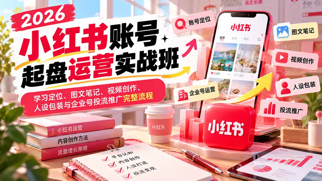 2026小红书账号起盘运营实战班:学习定位、图文笔记、视频创作、人设包装与企业号投流推广完整流程-87副业网 - 互联网副业项目资源分享平台