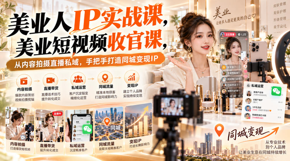 【无水印】美业人IP实战课，美业短视频收官课，从内容拍摄直播私域，手把手打造同城变现IP-87副业网 - 互联网副业项目资源分享平台