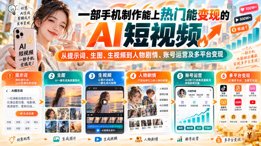 【无水印】一部手机制作能上热门能变现的AI短视频，从提示词、生图、生视频到人物剧情、账号运营及多平台变现 - 87副业网