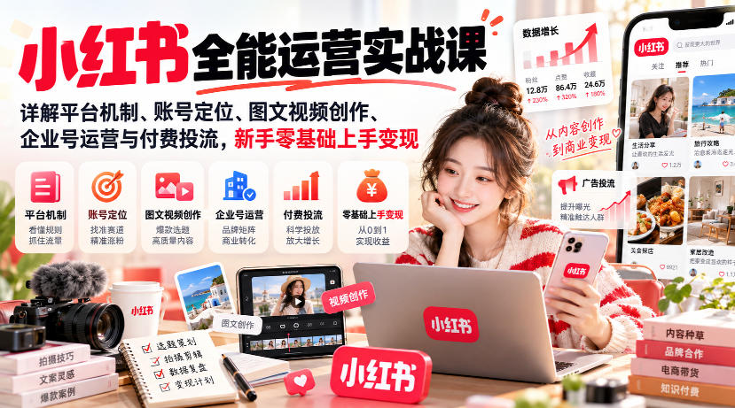 小红书全能运营实战课，详解平台机制、账号定位、图文视频创作、企业号运营与付费投流，新手零基础上手变现 - 87副业网