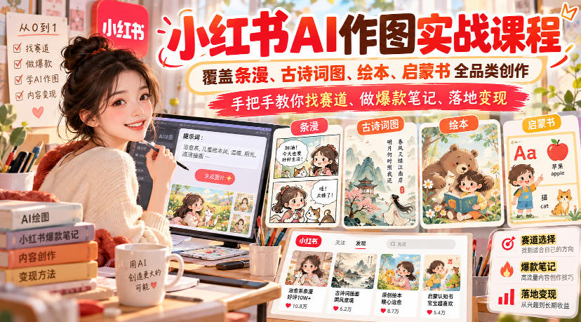 小红书AI作图实战课程，覆盖条漫、古诗词图、绘本、启蒙书全品类创作，手把手教你找赛道、做爆款笔记、落地变现 - 87副业网