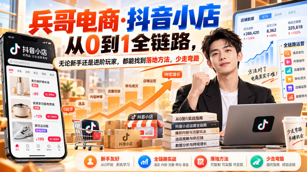 【无水印】兵哥电商·抖音小店从0到1全链路，无论新手还是进阶玩家，都能找到落地方法，少走弯路(更新9月)-87副业网 - 互联网副业项目资源分享平台