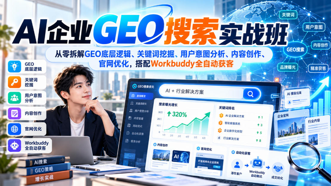AI企业GEO搜索实战班，从零拆解GEO底层逻辑、关键词挖掘、用户意图分析、内容创作、官网优化，搭配Workbuddy全自动获客 - 87副业网