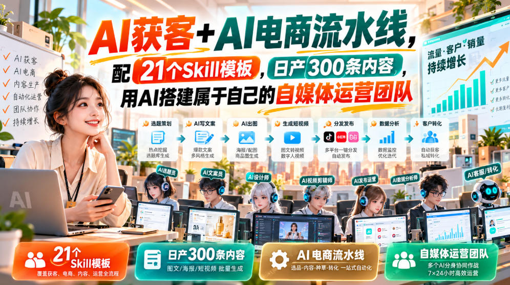 AI获客+AI电商流水线，配21个Skill模板，日产300条内容，用AI搭建属于自己的自媒体运营团队 - 87副业网