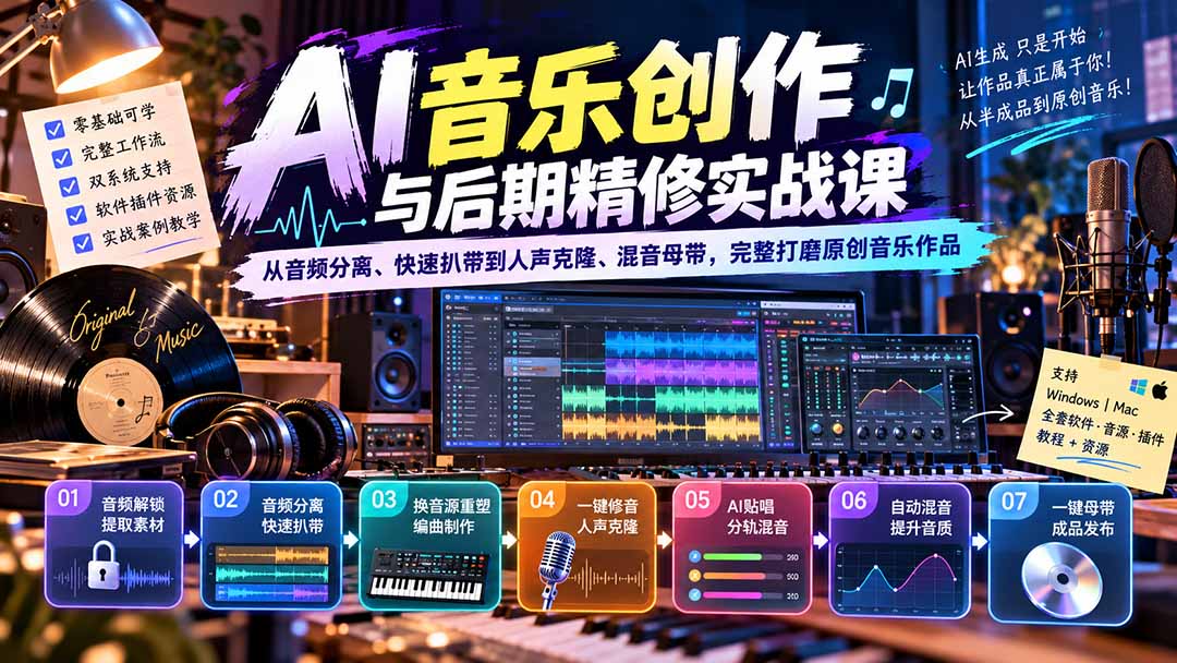 AI音乐创作与后期精修实战课：从音频分离、快速扒带到人声克隆、混音母带，完整打磨原创音乐作品-87副业网 - 互联网副业项目资源分享平台