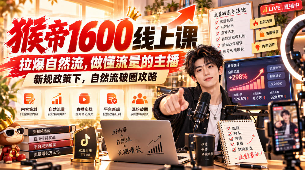 猴帝1600线上课，拉爆自然流，做懂流量的主播，新规政策下，自然流破圈攻略【更新260926】 - 87副业网