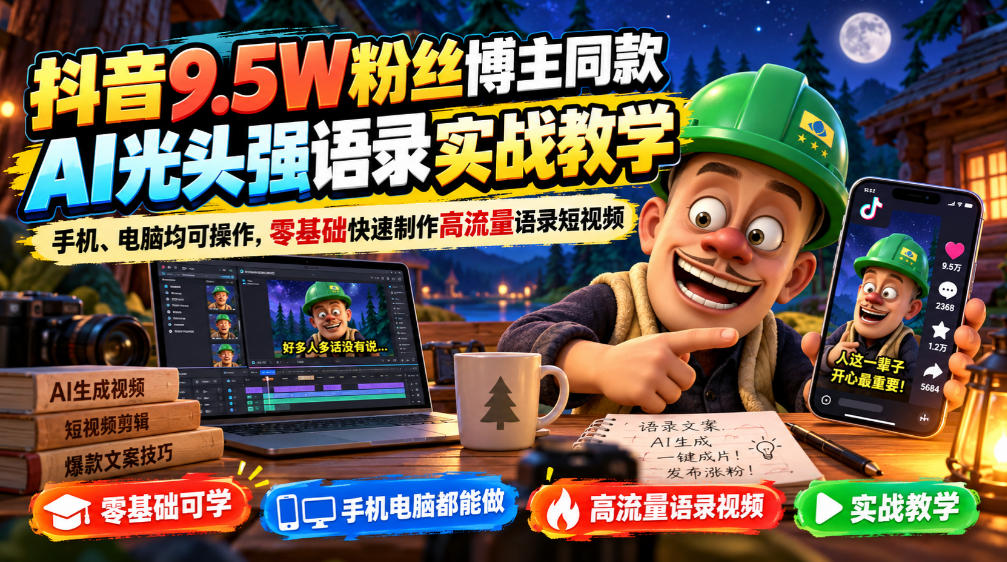 抖音9.5W粉丝博主同款AI光头强语录实战教学，手机、电脑均可操作，零基础快速制作高流量语录短视频-87副业网 - 互联网副业项目资源分享平台