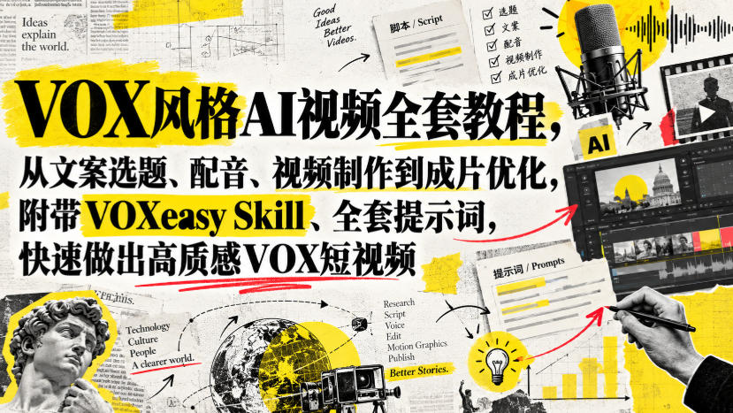 VOX风格AI视频全套教程，从文案选题、配音、视频制作到成片优化，附带VOXeasy Skill、全套提示词，快速做出高质感VOX短视频 - 87副业网