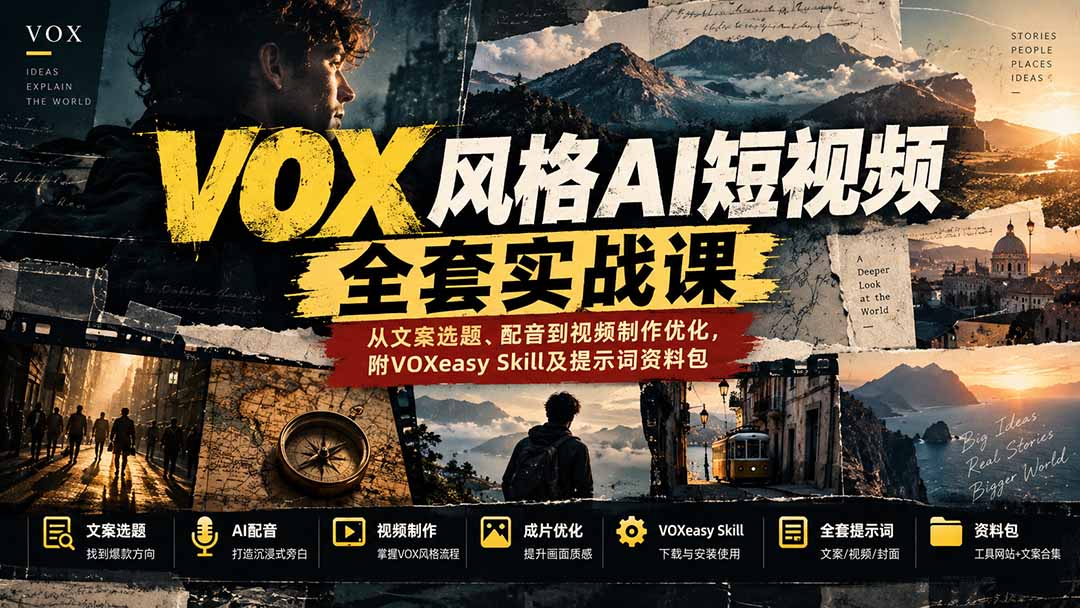 【无水印】VOX风格AI短视频全套实战课：从文案选题、配音到视频制作优化，附VOXeasy Skill及提示词资料包 - 87副业网