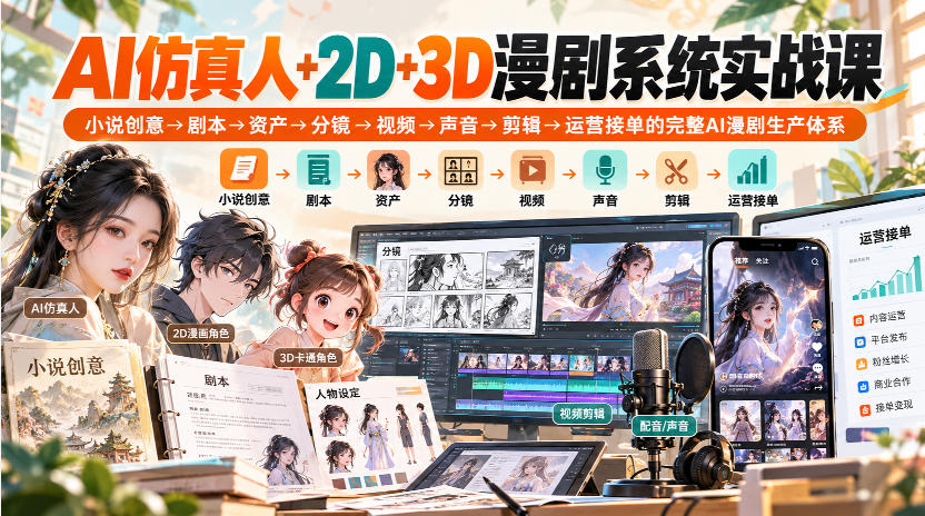 【无水印】AI仿真人+2D+3D漫剧系统实战课，小说创意→剧本→资产→分镜→视频→声音→剪辑→运营接单的完整AI漫剧生产体系-87副业网 - 互联网副业项目资源分享平台
