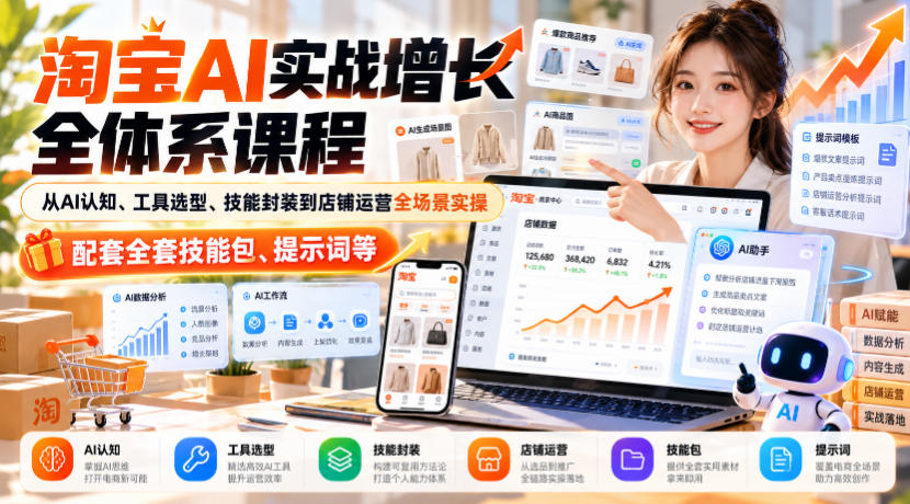 淘宝AI实战增长全体系课程，从AI认知、工具选型、技能封装到店铺运营全场景实操，配套全套技能包、提示词等 - 87副业网