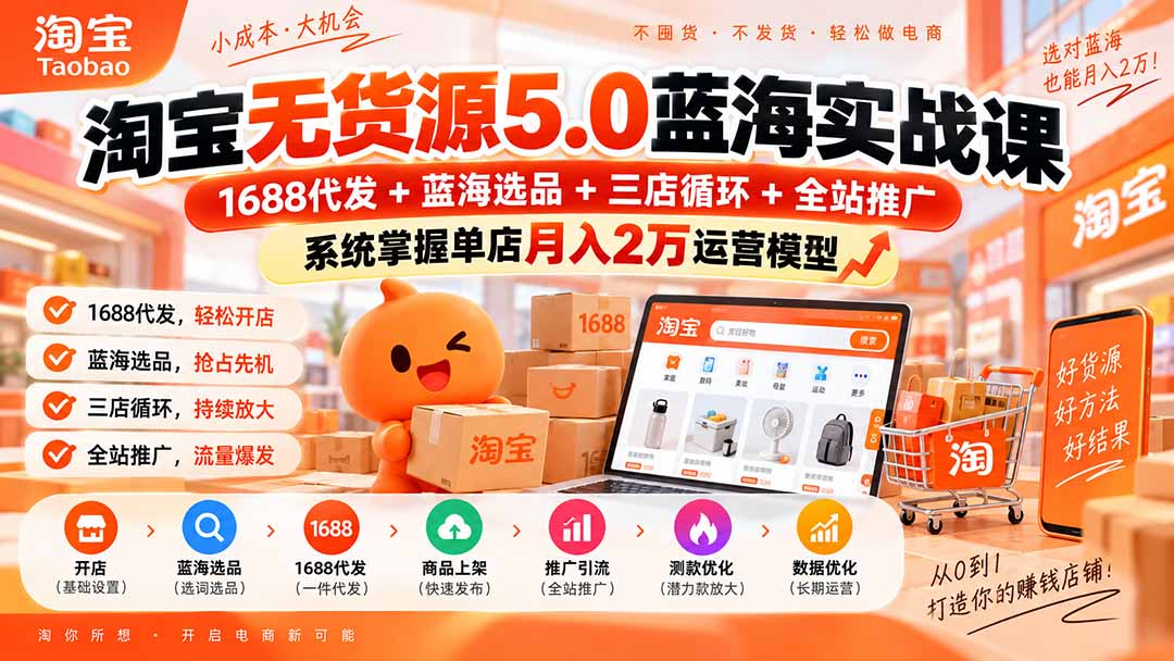 淘宝无货源5.0蓝海实战课-更新0927：1688代发+蓝海选品+三店循环+全站推广，系统掌握单店月入2万运营模型-87副业网 - 互联网副业项目资源分享平台