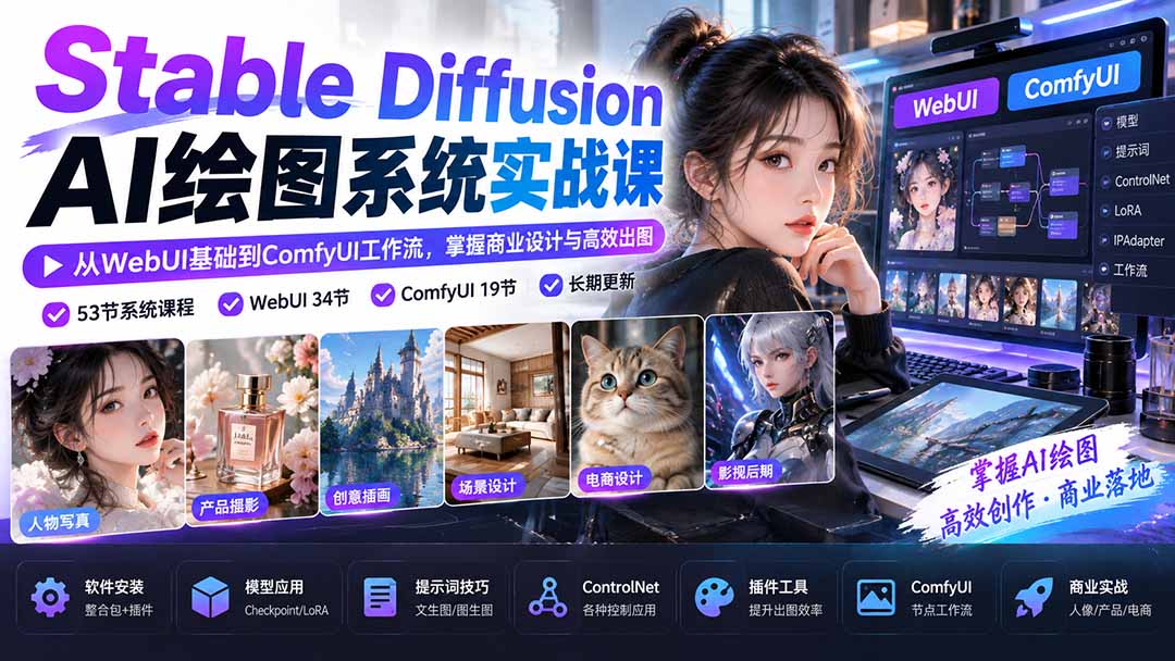 【无水印】Stable Diffusion AI绘图系统实战课：从WebUI基础到ComfyUI工作流，掌握商业设计与高效出图 - 87副业网