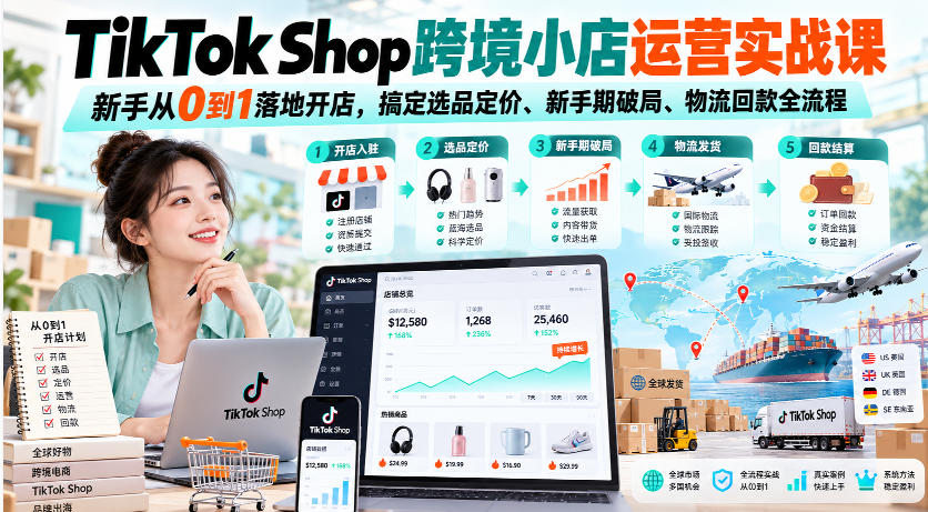TikTok Shop跨境小店运营实战课，新手从0到1落地开店，搞定选品定价、新手期破局、物流回款全流程-87副业网 - 互联网副业项目资源分享平台