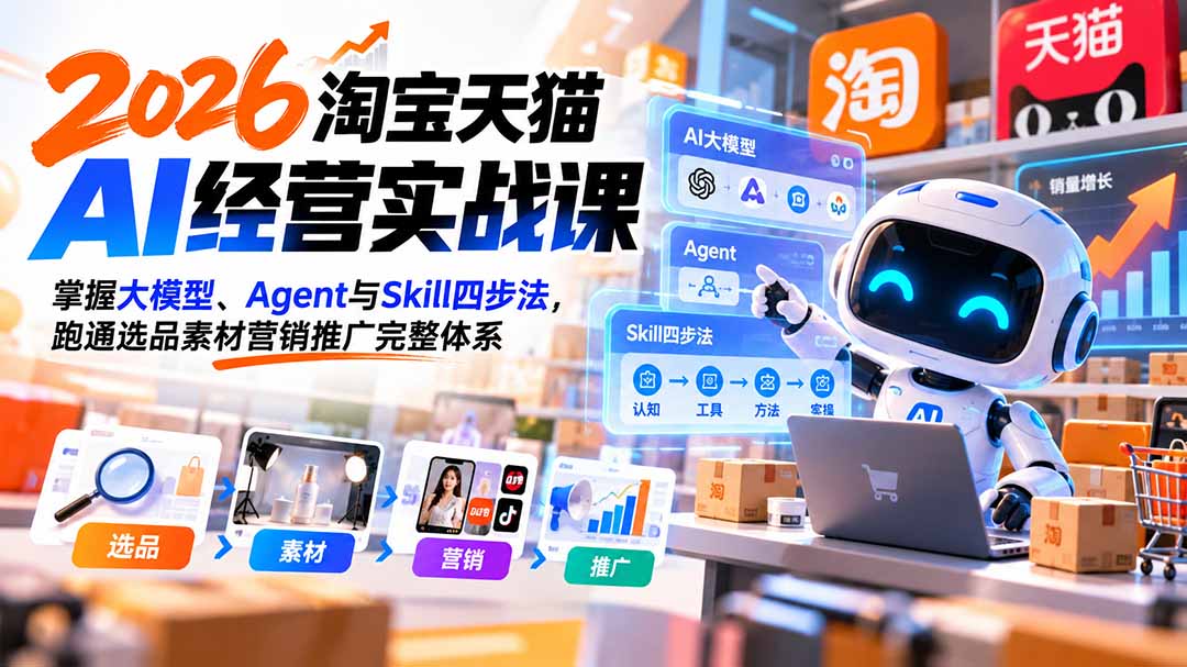【无水印】2026淘宝天猫AI经营实战课：掌握大模型、Agent与Skill四步法，跑通选品素材营销推广完整体系-87副业网 - 互联网副业项目资源分享平台