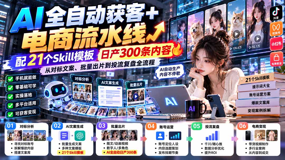 【无水印】AI全自动获客+电商流水线：配21个Skill模板，日产300条内容，从对标文案、批量出片到投流复盘全流程-87副业网 - 互联网副业项目资源分享平台