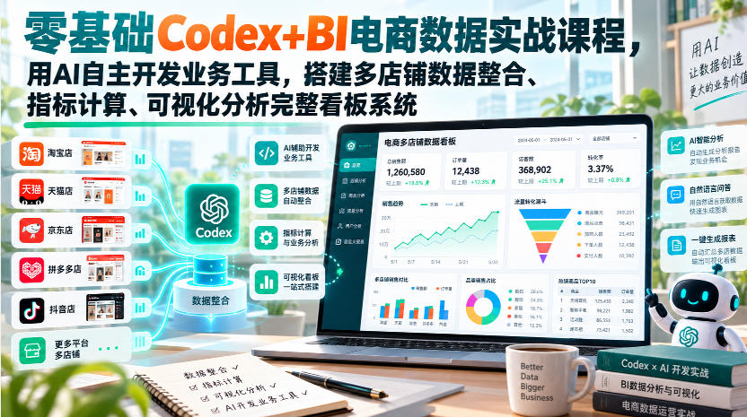 零基础Codex+BI电商数据实战课程，用AI自主开发业务工具，搭建多店铺数据整合、指标计算、可视化分析完整看板系统-87副业网 - 互联网副业项目资源分享平台