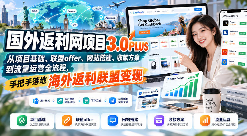 国外返利网项目3.0PLUS，从项目基础、联盟offer、网站搭建、收款方案到流量运营全流程，手把手落地海外返利联盟变现-87副业网 - 互联网副业项目资源分享平台