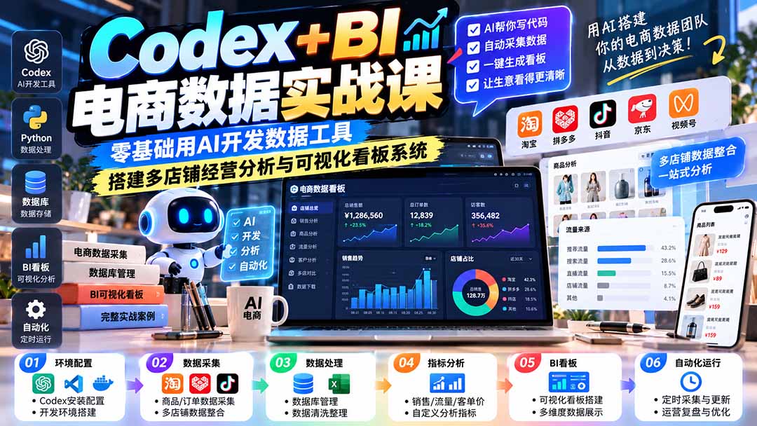 Codex+BI电商数据实战课：零基础用AI开发数据工具，搭建多店铺经营分析与可视化看板系统-87副业网 - 互联网副业项目资源分享平台