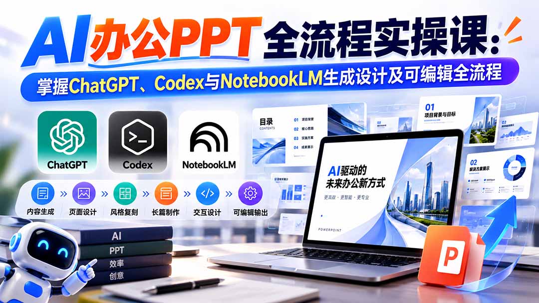 【无水印】AI办公PPT全流程实操课： 掌握ChatGPT、Codex与NotebookLM生成设计及可编辑全流程-87副业网 - 互联网副业项目资源分享平台