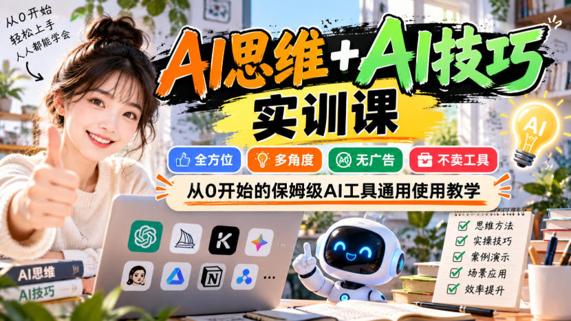【无水印】AI思维+AI技巧实训课，全方位、多角度、无广告、不卖工具，从0开始的保姆级AI工具通用使用教学-87副业网 - 互联网副业项目资源分享平台