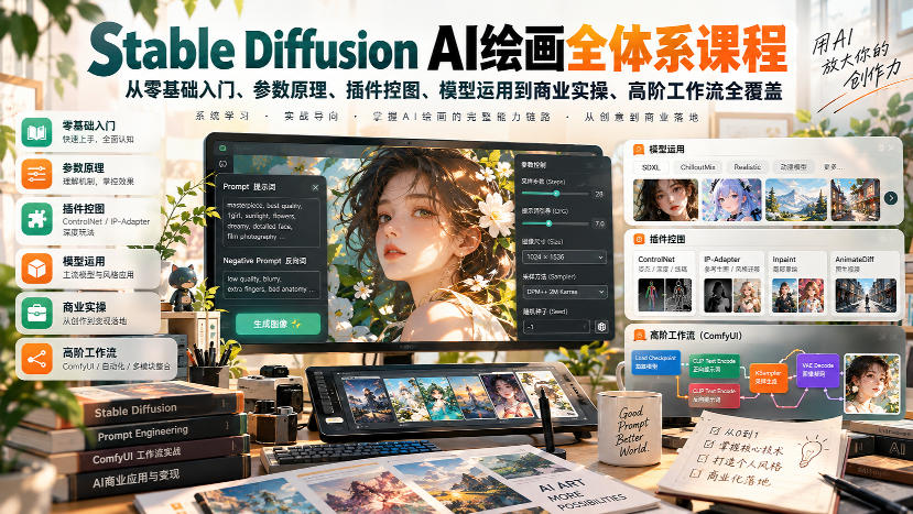 【无水印】Stable Diffusion AI绘画全体系课程，从零基础入门、参数原理、插件控图、模型运用到商业实操、高阶工作流全覆盖-87副业网 - 互联网副业项目资源分享平台