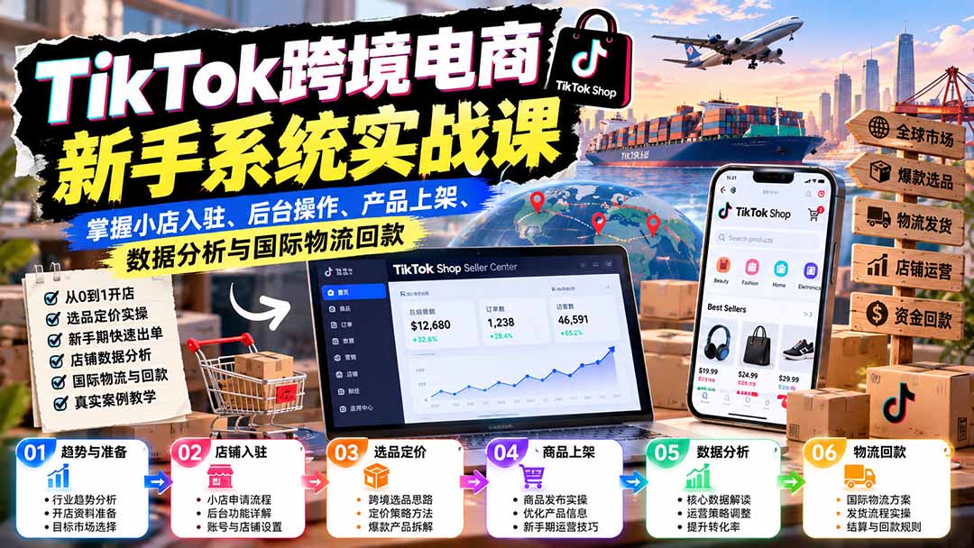 TikTok跨境电商新手系统实战课：掌握小店入驻、后台操作、产品上架、数据分析与国际物流回款-87副业网 - 互联网副业项目资源分享平台
