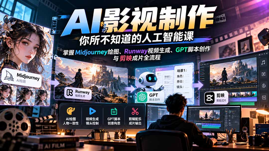 【无水印】AI影视制作-你所不知道的人工智能课，掌握Midjourney绘图、Runway视频生成、GPT脚本创作与剪映成片全流程-87副业网 - 互联网副业项目资源分享平台