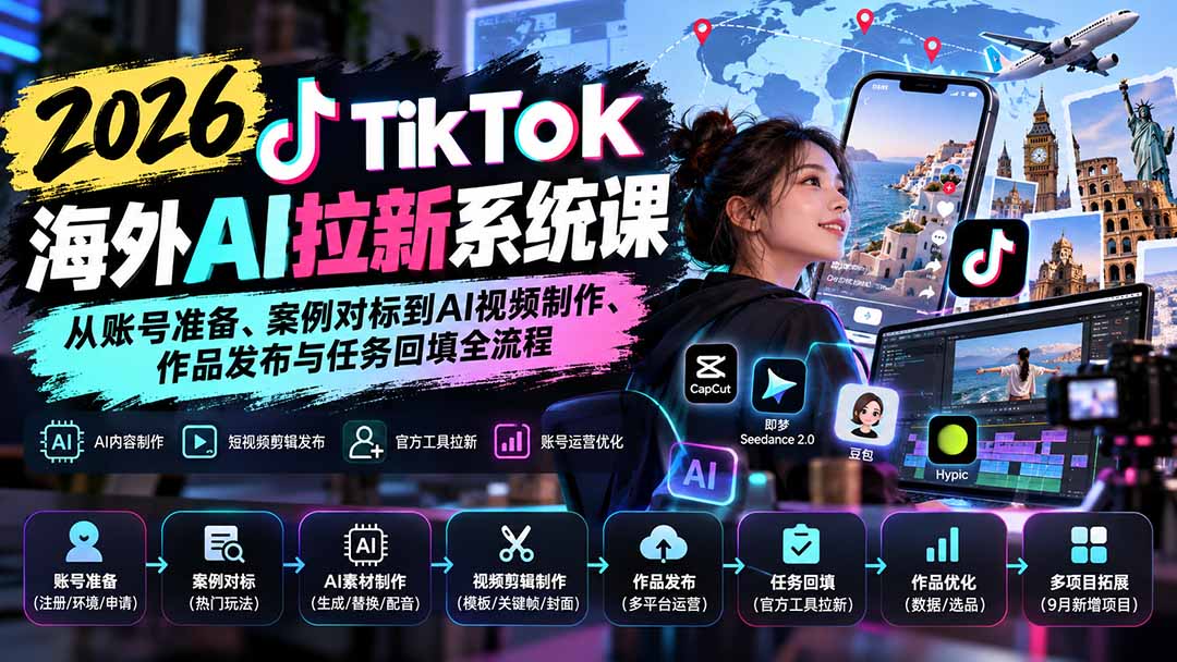 【无水印】2026 TikTok海外AI拉新系统课：从账号准备、案例对标到AI视频制作、作品发布与任务回填全流程-87副业网 - 互联网副业项目资源分享平台