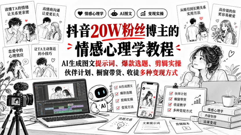 抖音20W粉丝博主静候心声的情感心理学教程，AI生成图文提示词、爆款选题、剪辑实操，伙伴计划、橱窗带货、收徒多种变现方式 - 87副业网