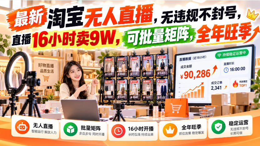最新淘宝无人直播，无违规不封号，直播16小时卖9W，可批量矩阵，全年旺季【揭秘】-87副业网 - 互联网副业项目资源分享平台