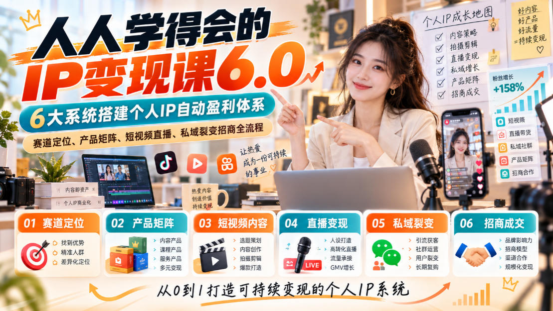 人人学得会的IP变现课6.0，6大系统搭建个人IP自动盈利体系，赛道定位、产品矩阵、短视频直播、私域裂变招商全流程 - 87副业网