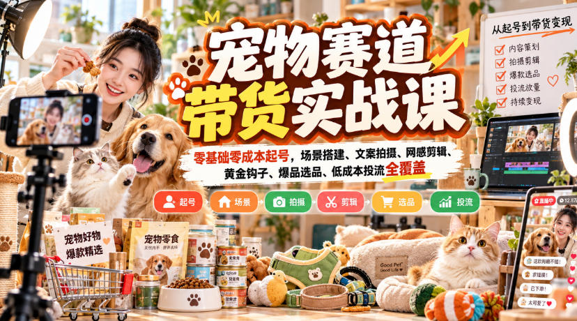 宠物赛道带货实战课，零基础零成本起号，场景搭建、文案拍摄、网感剪辑、黄金钩子、爆品选品、低成本投流全覆盖 - 87副业网